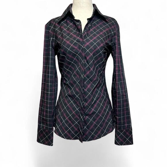 Y2K NY & Co Plaid Button Up Top Size M Stretchy Goth Grunge Office Siren - Picture 1 of 7